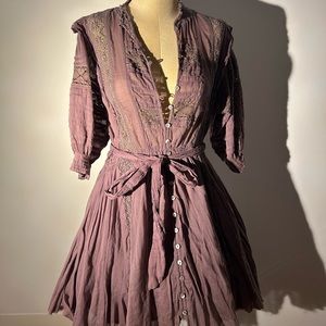 Free People Sydney Plum Lace and Pintuck Dress Large